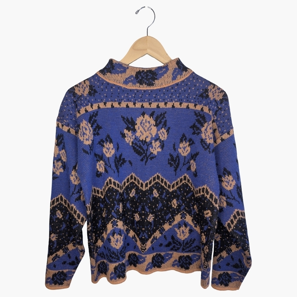 Vintage Floral Knit Sweater | Mock Neck | Women's Medium